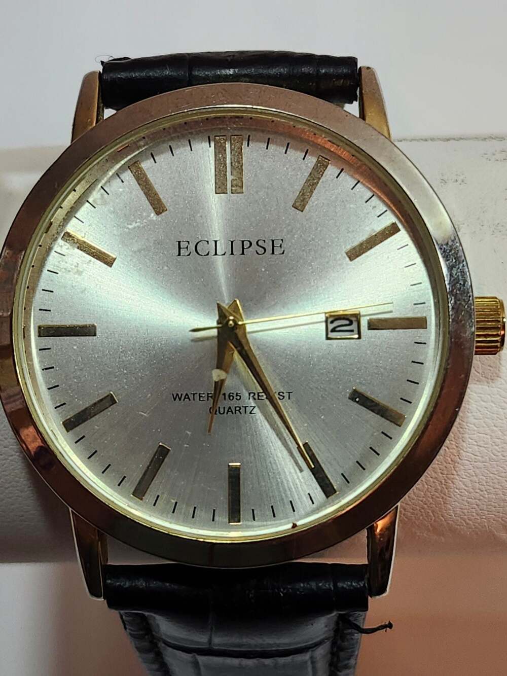 Eclipse Men's Gold Tone Quartz Watch with Black Leather Strap and Date Indicator